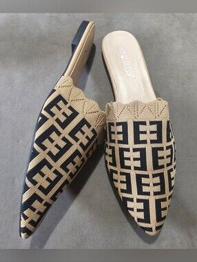 Women Flat Pointed-Toe Slip-On Mules in Beige and Black